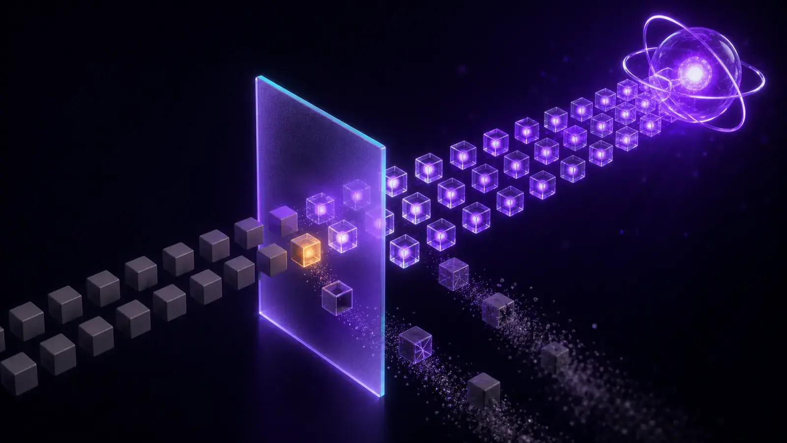 Isometric illustration of data quality for AI in retail: a data flow passes through a filter that reveals faulty records.
