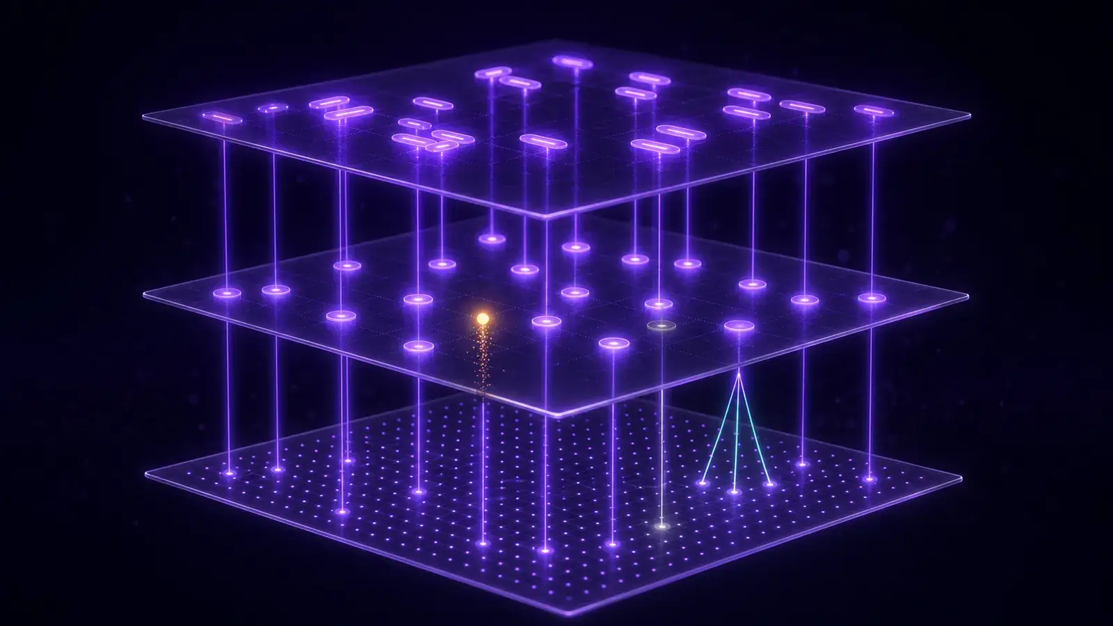 Isometric illustration of catalogue, stock and orders as three connected data layers, with a broken match between them.