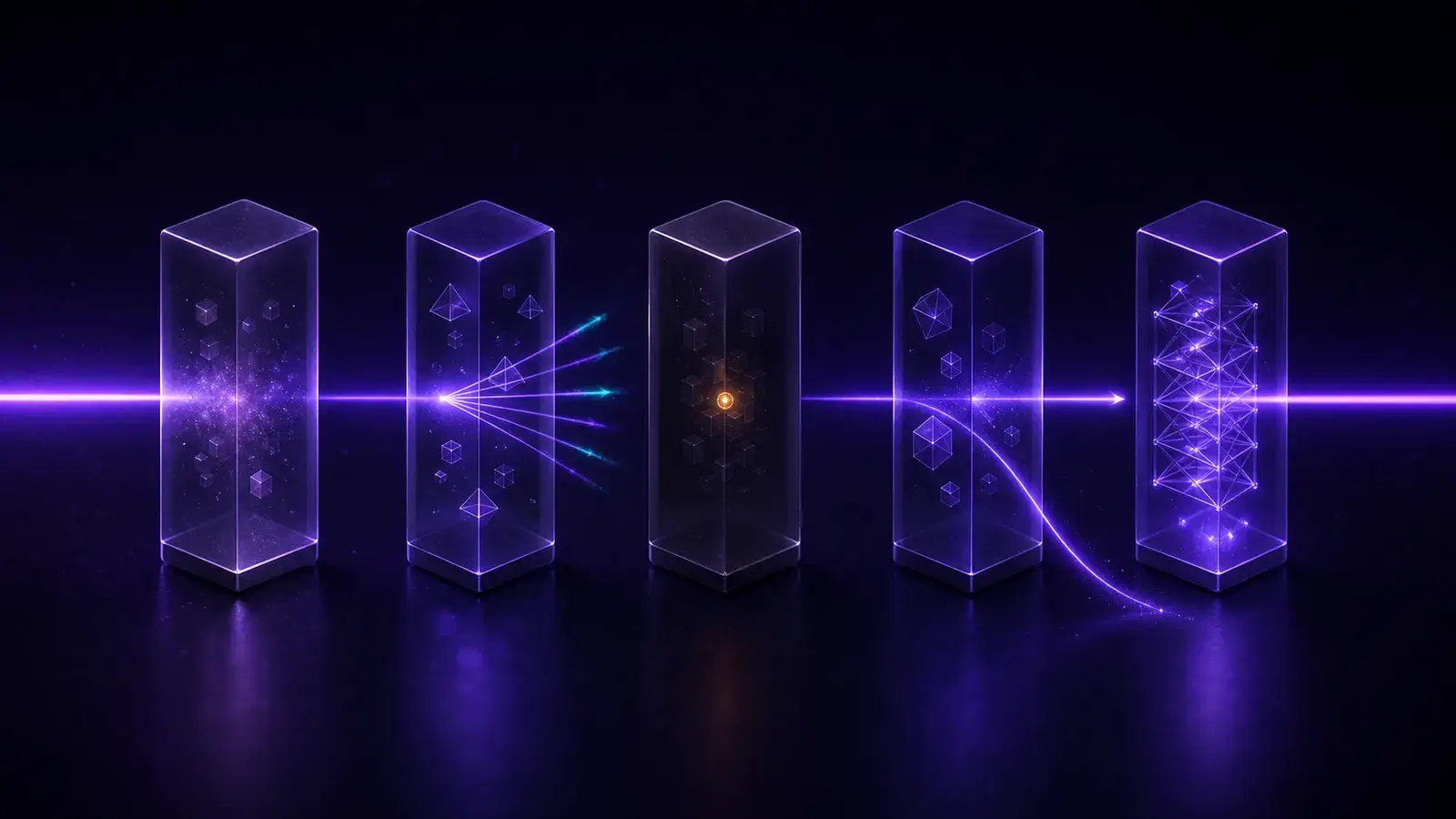 Isometric illustration of an enterprise iPaaS comparison: a single beam of light passes through five platforms and each one responds differently.