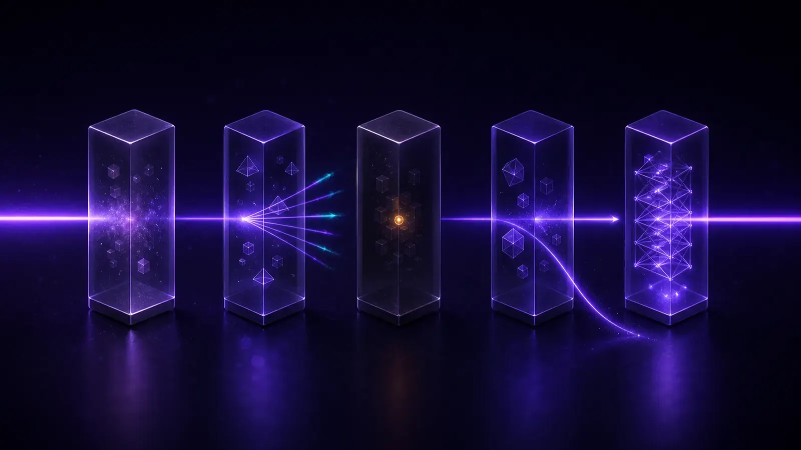 Isometric illustration of an enterprise iPaaS comparison: a single beam of light passes through five platforms and each one responds differently.