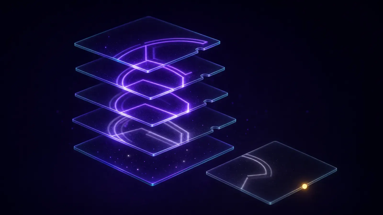 Isometric illustration of a Customer 360 in retail: layers with fragments of the same profile, some in register and others misaligned.