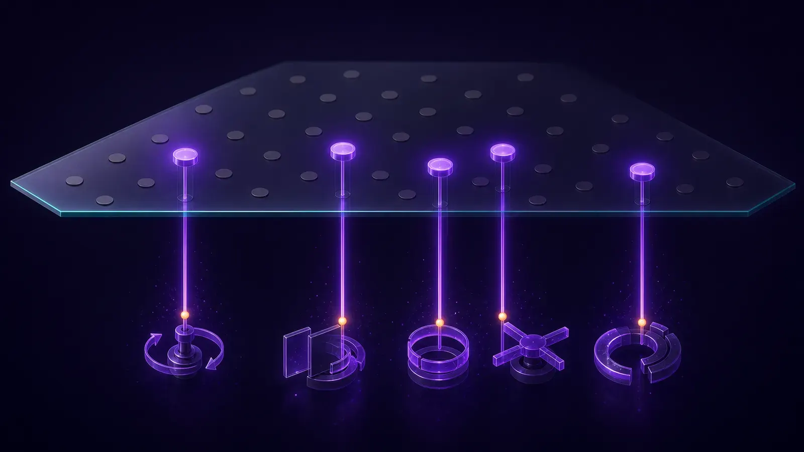 Isometric illustration of an integration dashboard: dozens of flat markers and only five raised ones that control something real underneath.