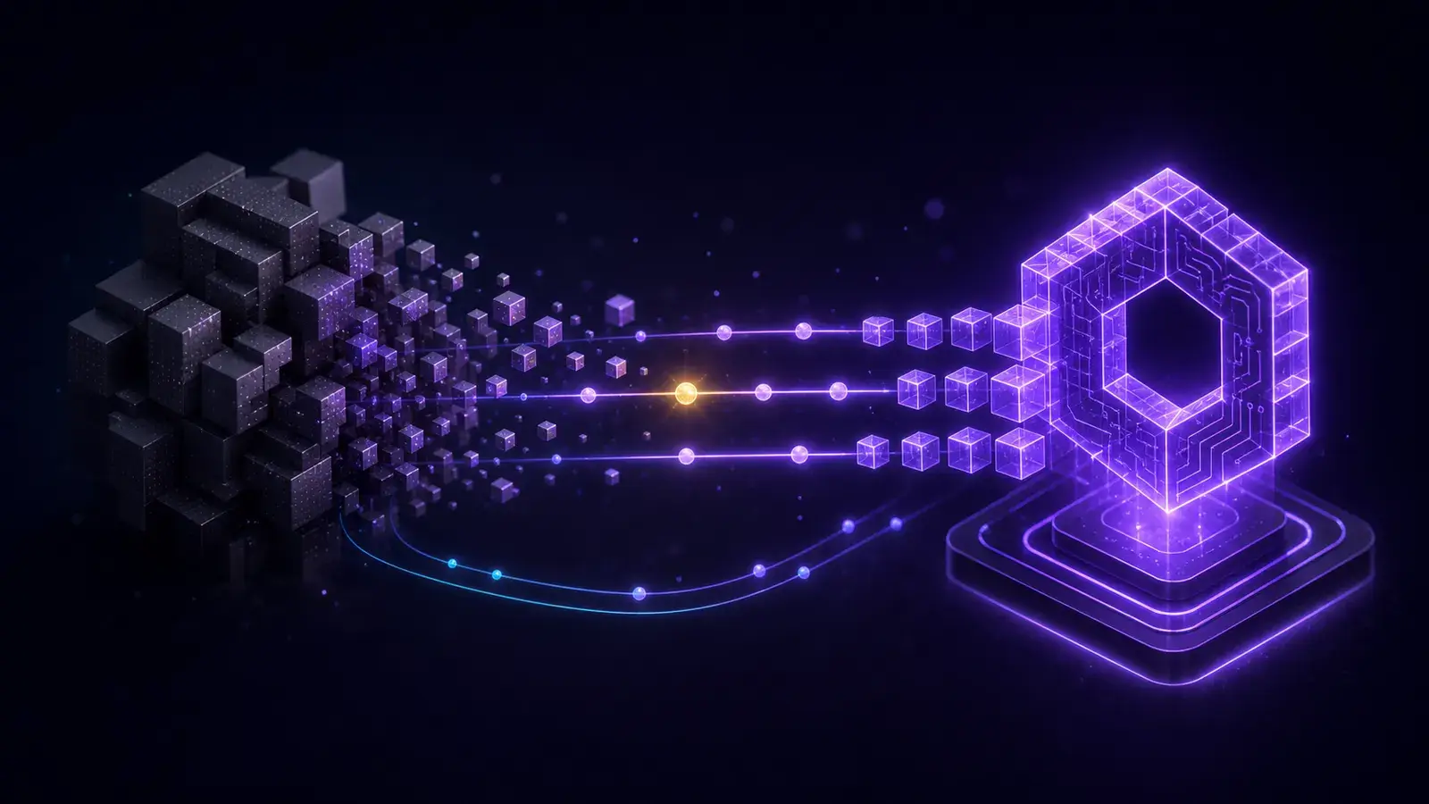 Isometric illustration of a legacy middleware migration: dark blocks break apart and regroup into a new integration layer.