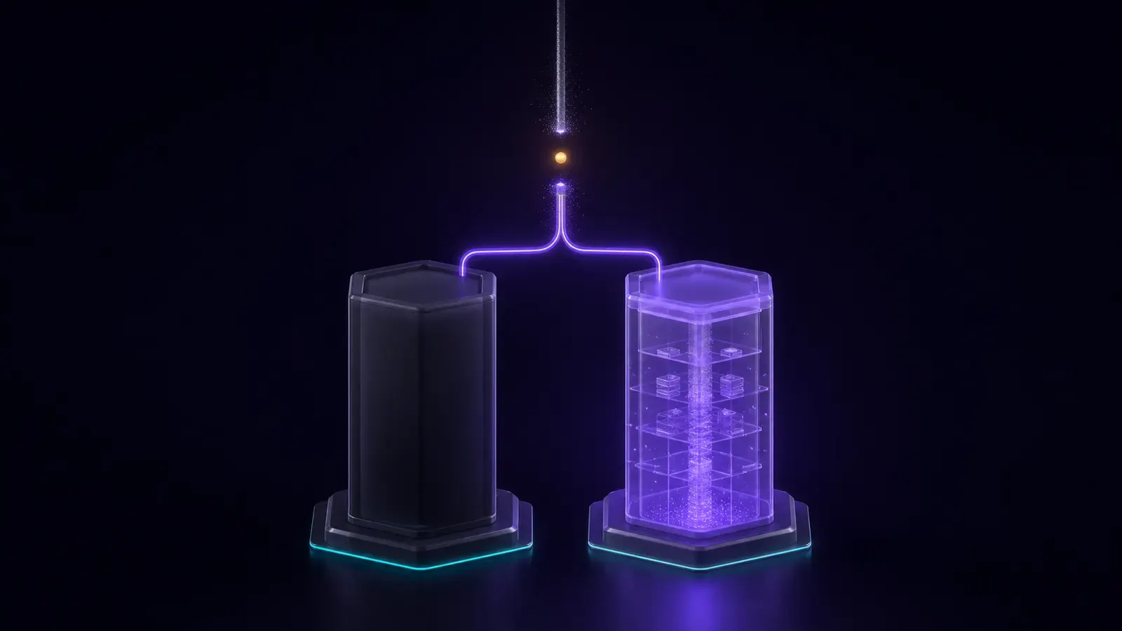 Isometric illustration about choosing an Adobe Commerce partner: two identical structures and only one stays lit when the supply is cut.