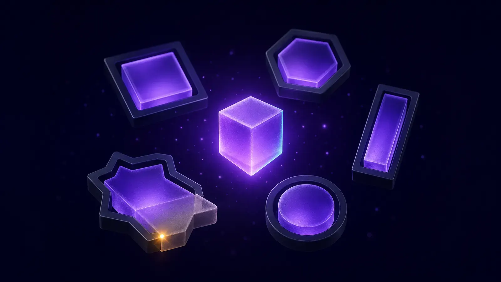 Isometric illustration of a catalogue integrated across PIM, ecommerce and ERP: a master shape adapts to five formats and one does not fit.