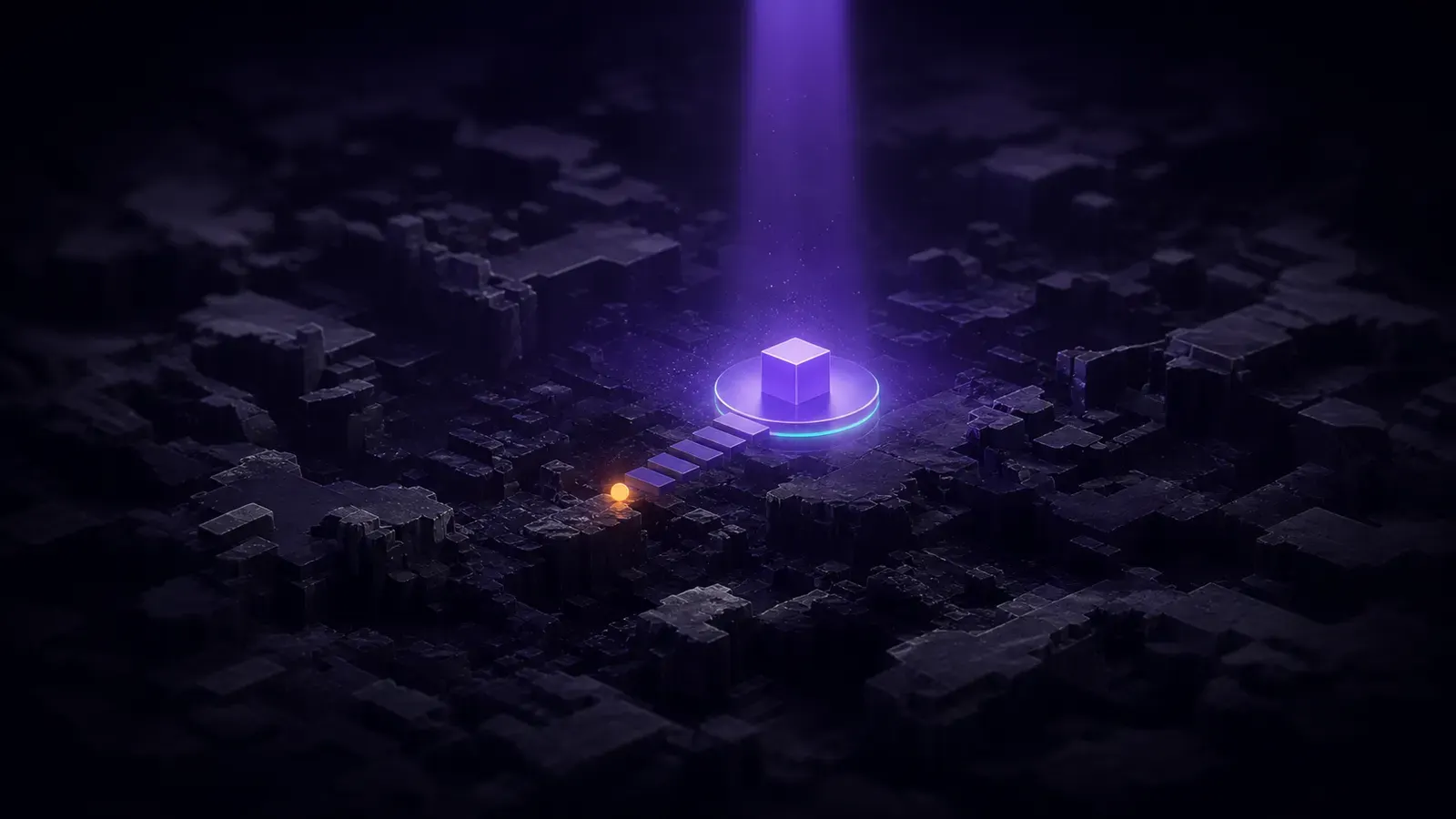 Isometric illustration about an iPaaS RFP: a small, perfectly lit platform surrounded by vast, dark terrain.