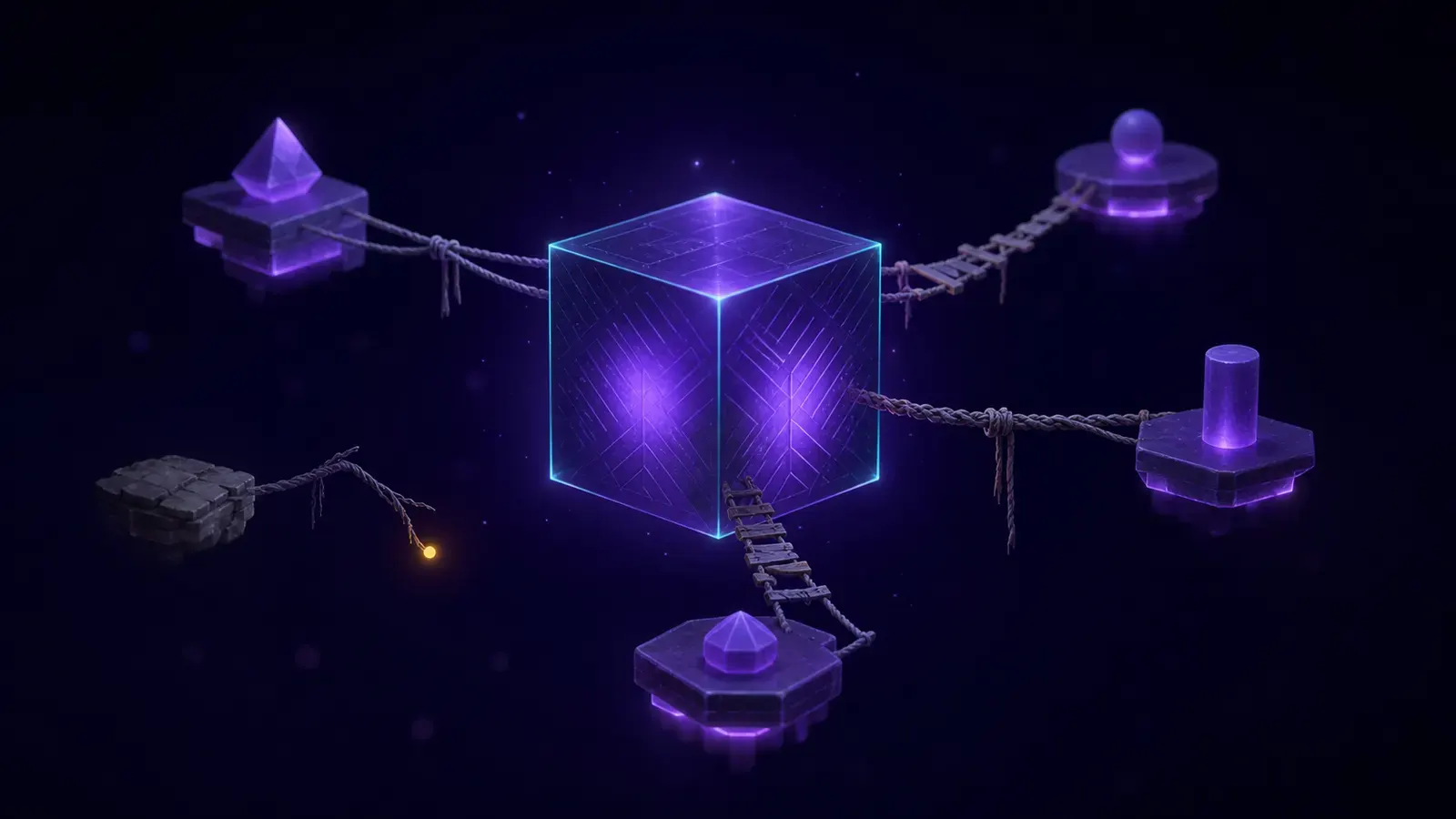 Isometric illustration about automation with SAP ERP: a solid central block joined to its systems by fragile, improvised bridges.